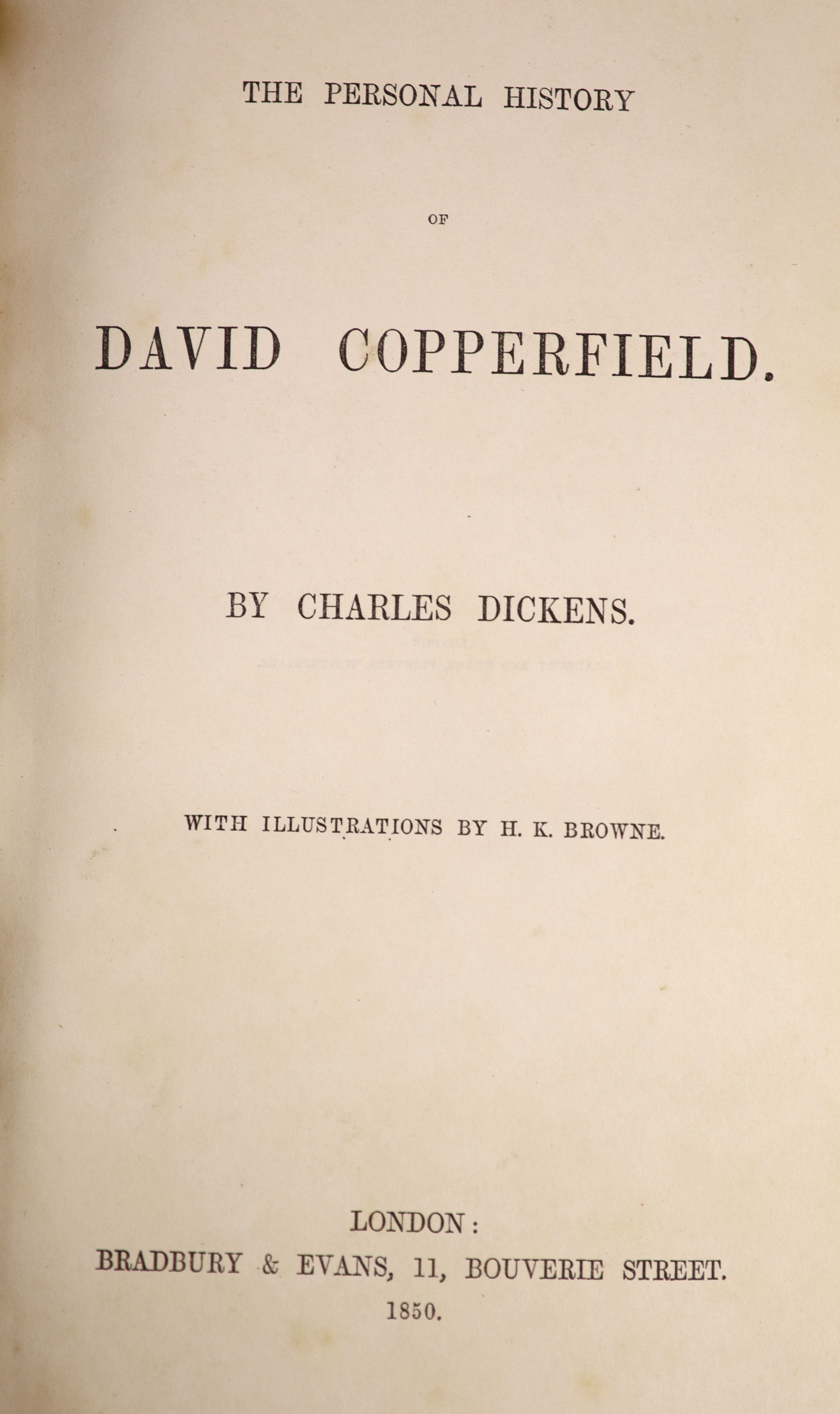 Dickens, Charles - The Personal History of David Copperfield. Pictorial engraved and printed titles, frontis and 38 other engraved plates (H.K.Browne). Half title and errata leaf. Old half morocco and marble boards. Gilt